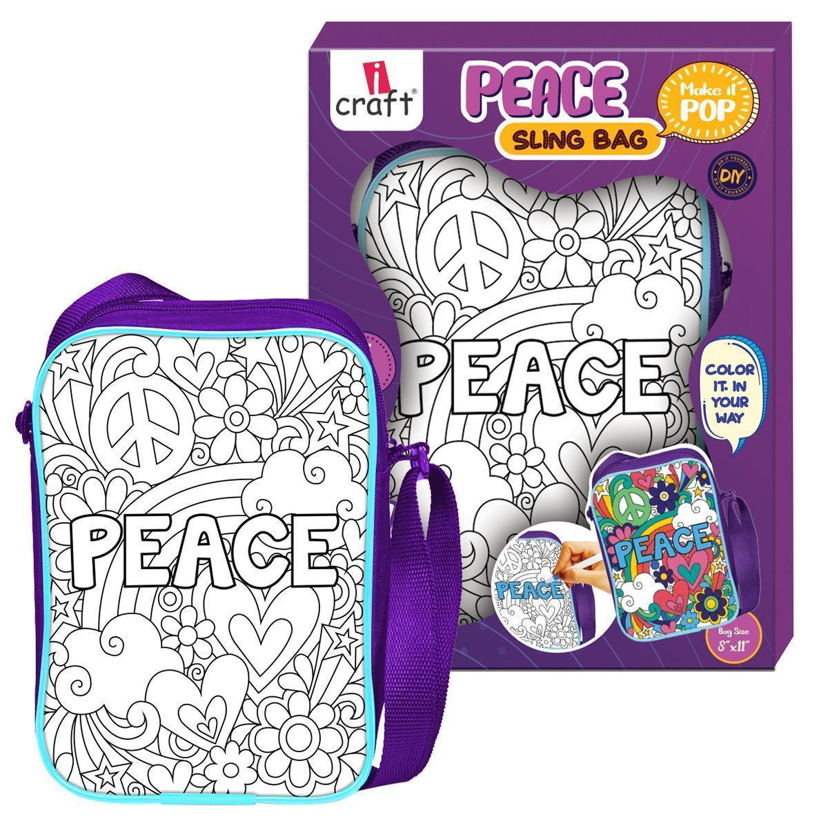 iCraft PEACE DIY Sling Bag for Kids – Color Your Own Bag with