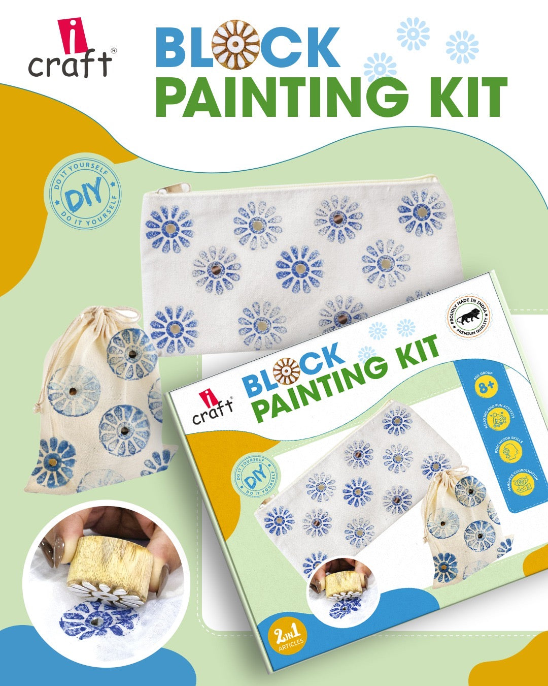 iCraft DIY Block Painting Kit | Traditional Art Set with Canvas Pouch, Paints & Designer Block
