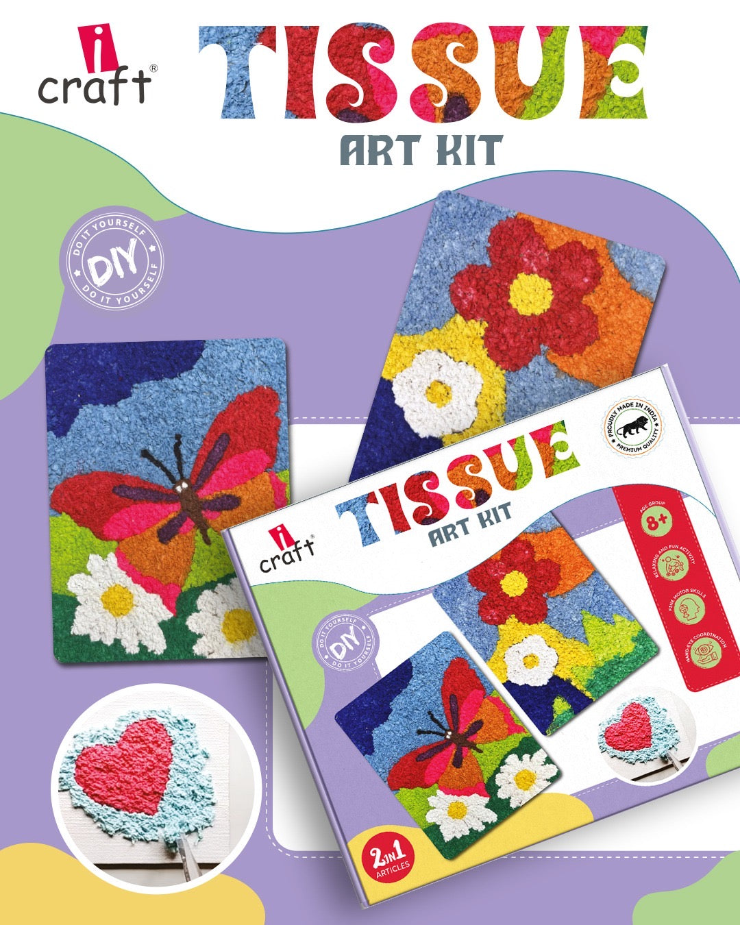 iCraft DIY Tissue Art Kit for Kids | Creative Tissue Paper Craft Set with Paint & Glue