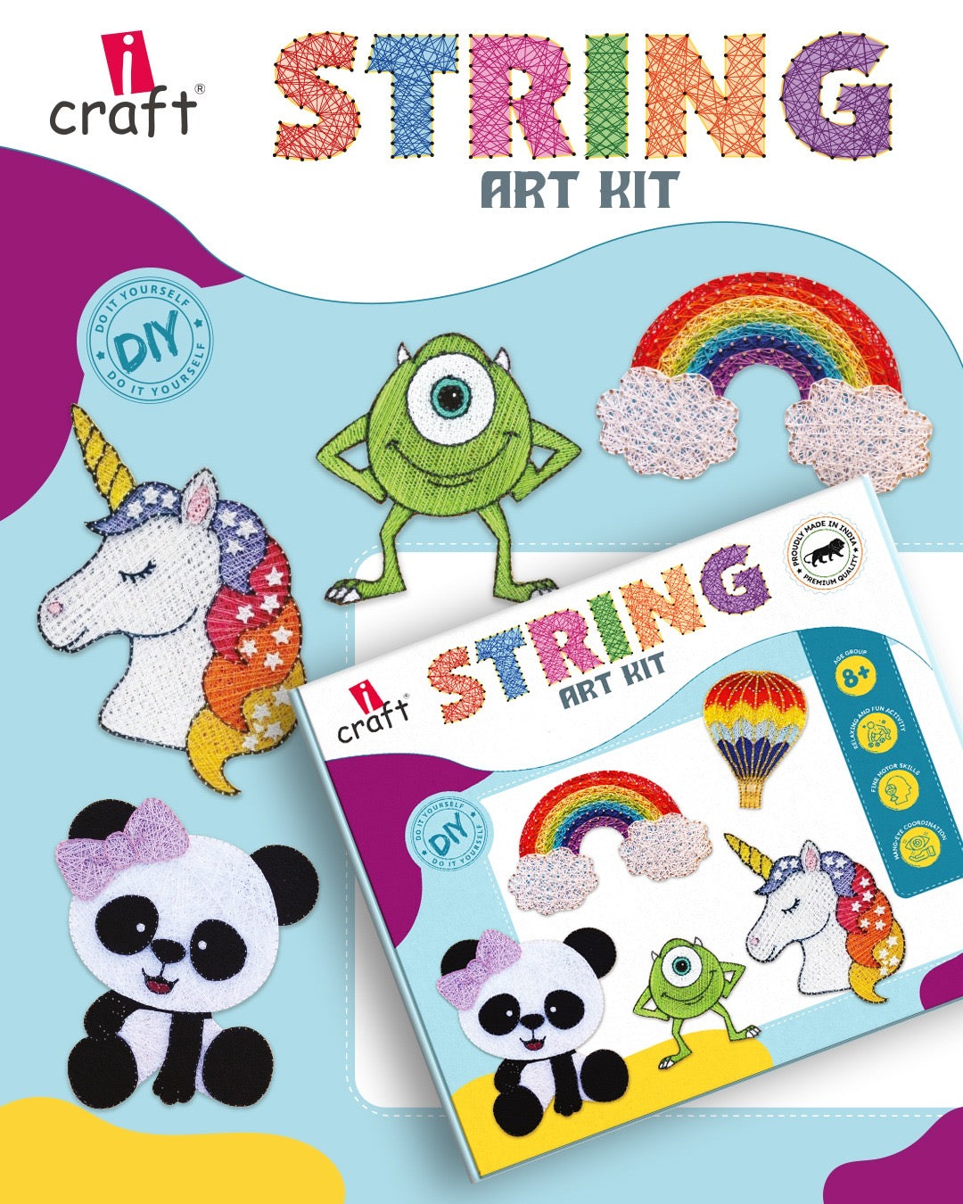iCraft DIY String Art Kit for Kids and Adults | Creative Craft Kit with Hammer, Nails & Threads